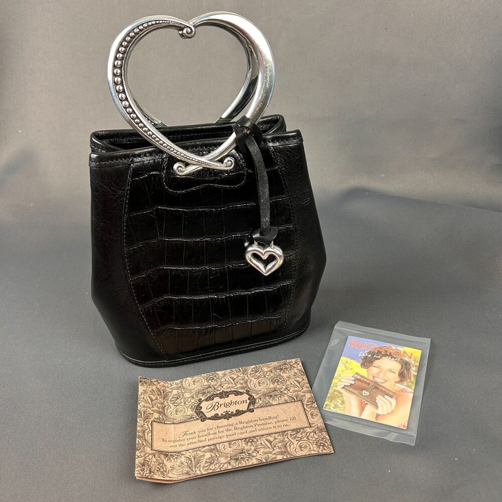 Brighton Corazon Black Embossed Leather Silver Heart Handles NEW - Picture 3 of 16